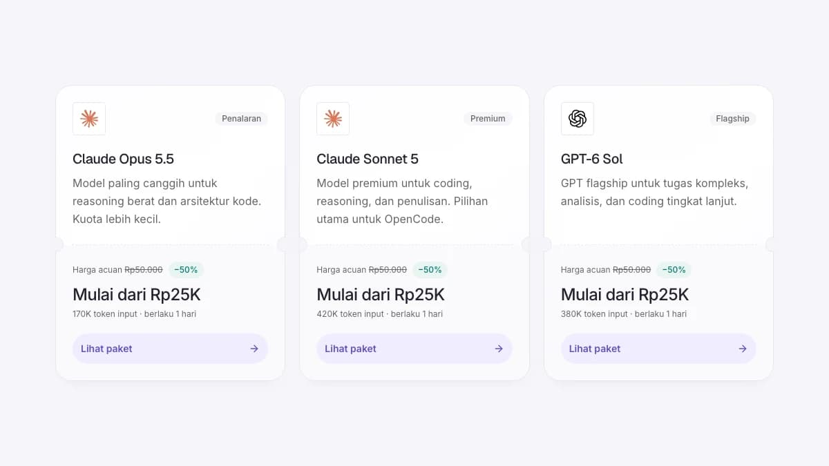 Katalog AI Pass dengan pilihan model AI dan harga paket dalam Rupiah.