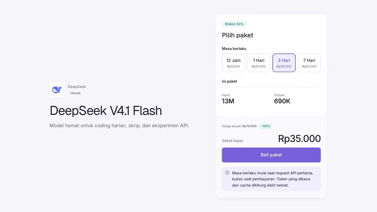 Halaman model DeepSeek di AI Pass dengan paket percobaan dan paket harian.