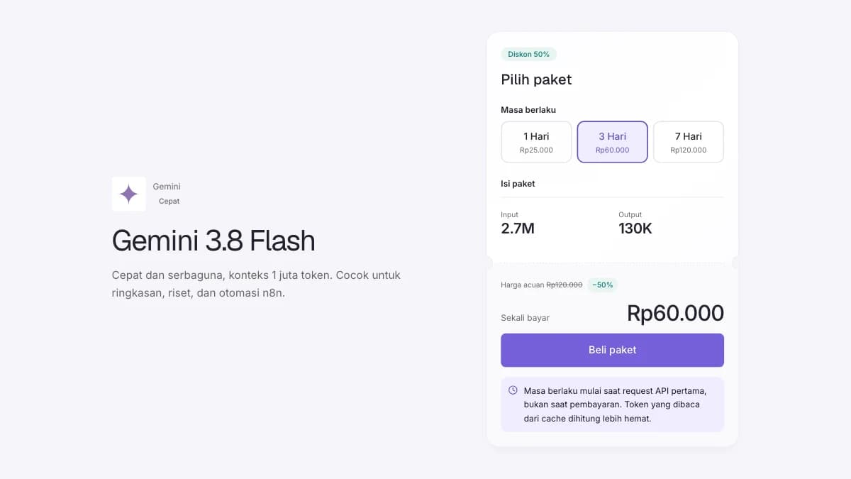 Halaman model Gemini di AI Pass dengan pilihan durasi dan rincian akses.