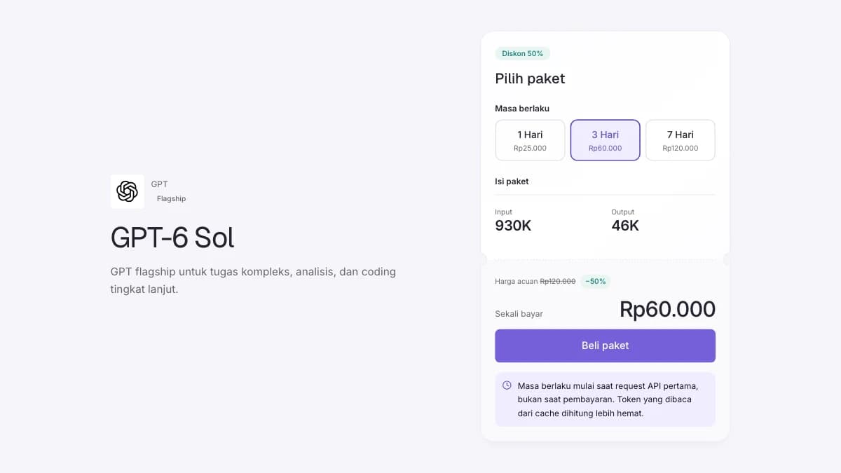 Halaman model GPT di AI Pass dengan rincian paket dan harga dalam Rupiah.