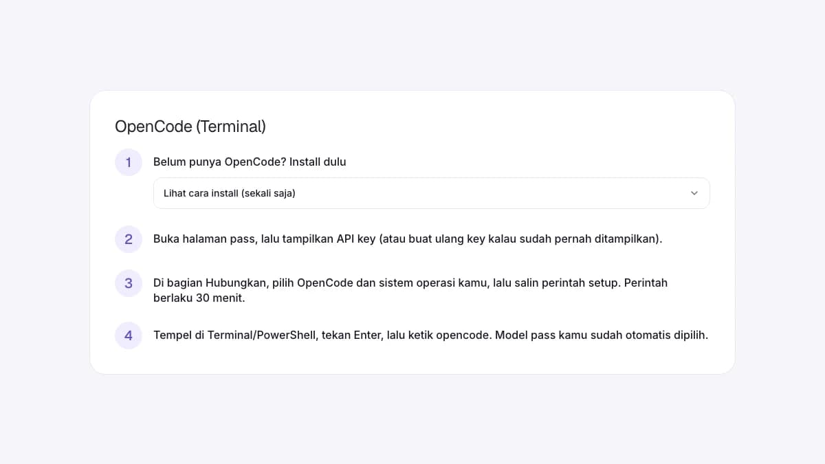 Panduan menghubungkan pass ke OpenCode pada aplikasi AI Pass.