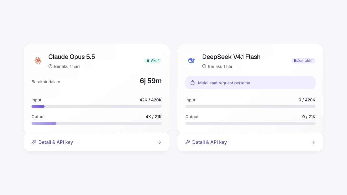 Dashboard AI Pass yang menampilkan contoh pemakaian input dan output serta sisa waktu pass.