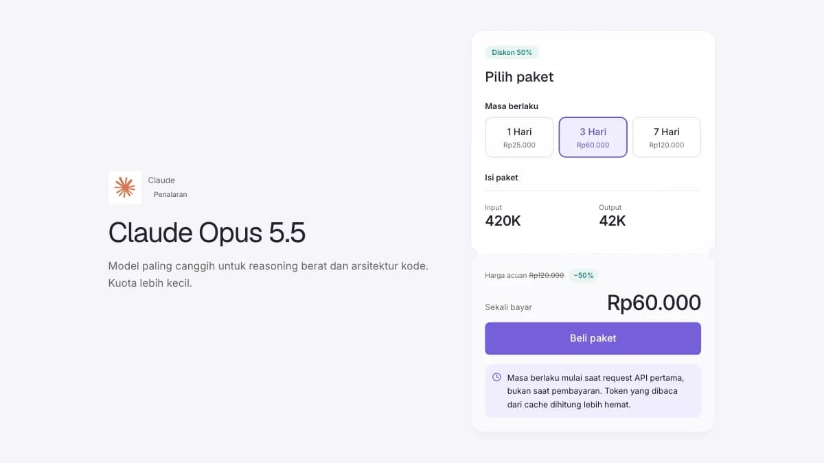 Pilihan durasi 1, 3, dan 7 hari pada halaman pembelian pass AI Pass.